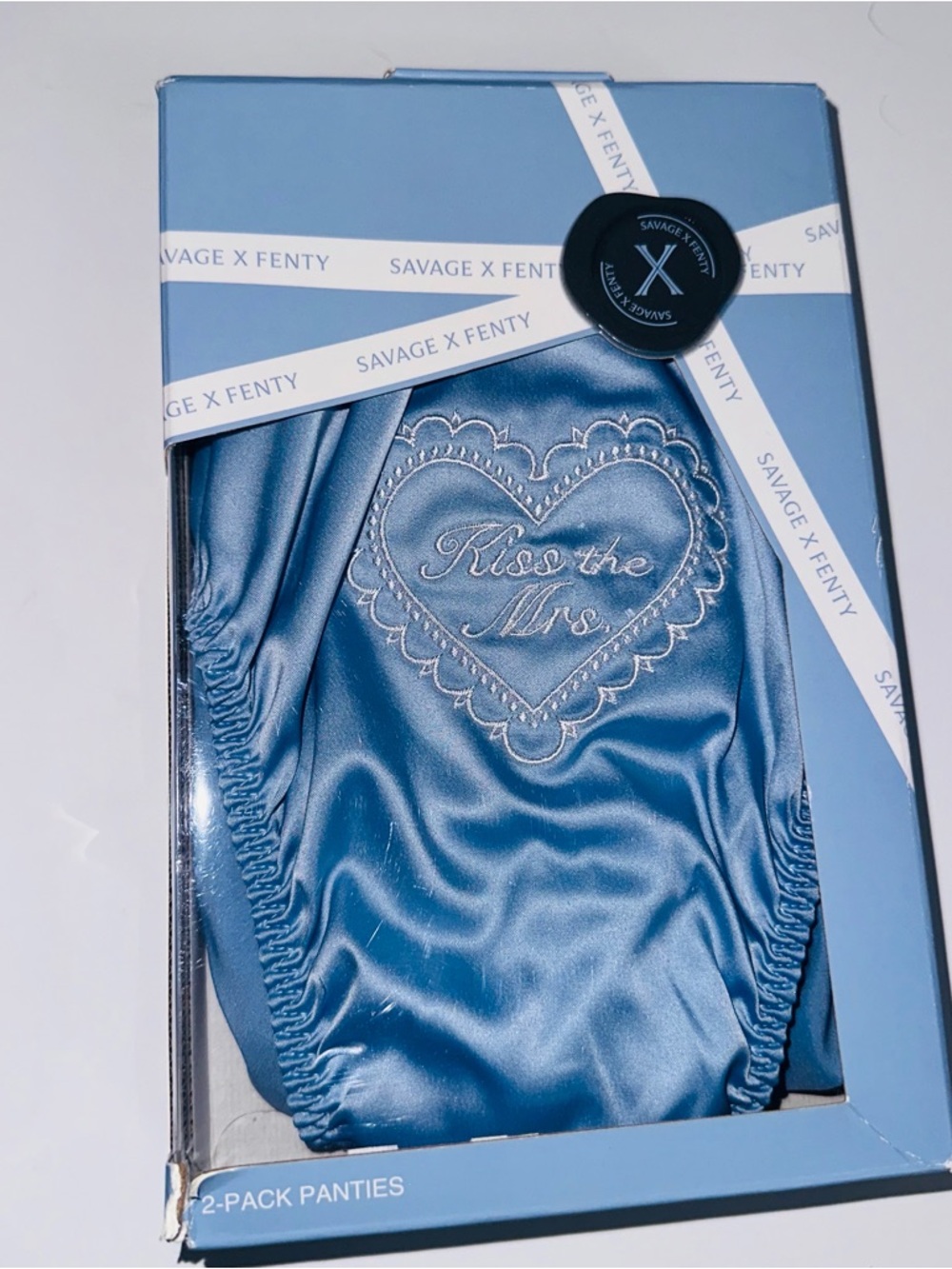 Savage X Fenty Blue Satin 'Kiss the Mrs.' Panties -